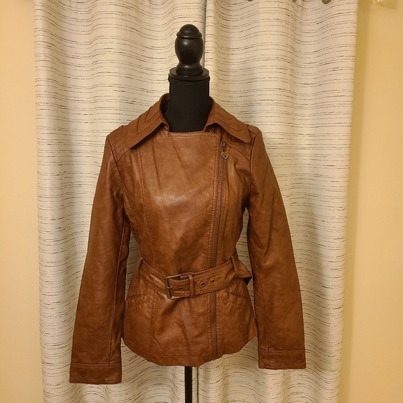 🔥GUESS Moto Biker Bomber Faux Leather Belted Jacket ~ Cognac Color Size Medium - Picture 6 of 6